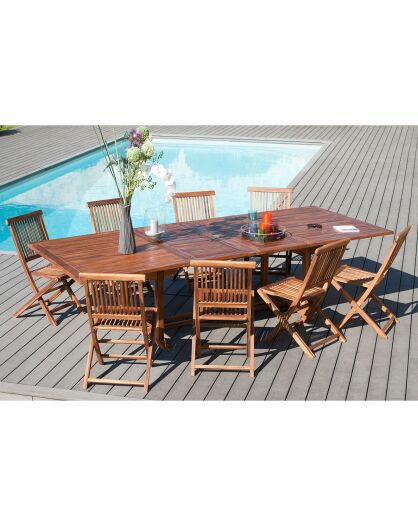 Ensemble 1 table rectangulaire + 8 chaises Java Maeva teck - 200/300x120x75 cm